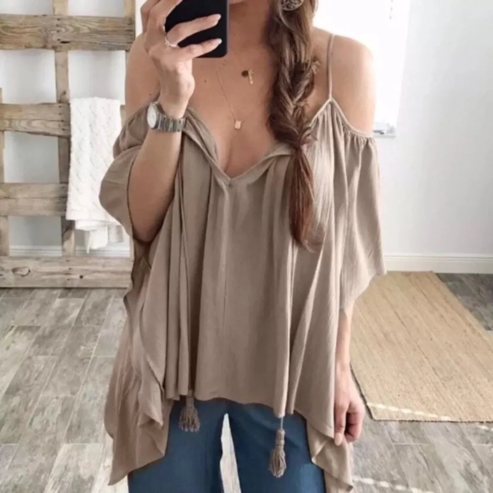 Tassel Tie Front Split V Neck Flowy Mocha Butterfly Blouse - Picture 1 of 8